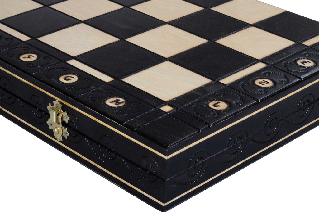 Ambassador Black Deluxe Wooden Chess Set with Burnt Inlay – Size No. 5.5