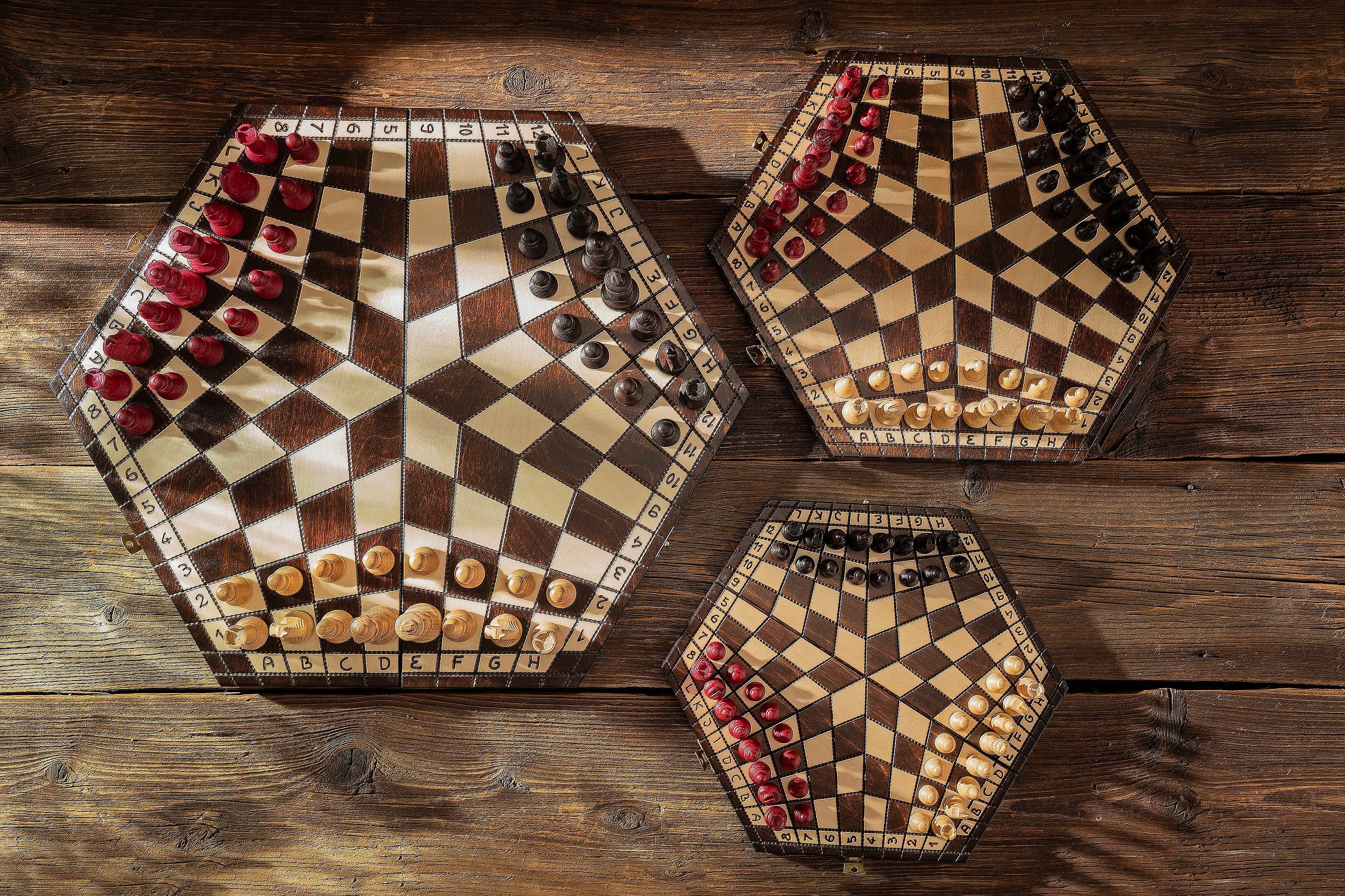 Three Player Wooden Chess Set Large 3.35 in King